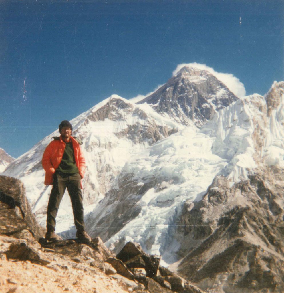 January 1980 (on trek with Ju-Chan Fulton in Nepal), near summit of Kala Patar (c. 18,000 feet), above Everest Base Camp, with the summit of Mt. Everest in the background 